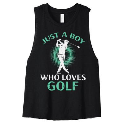 Just A Boy Who Loves Golf Golfing Golfer Women's Racerback Cropped Tank