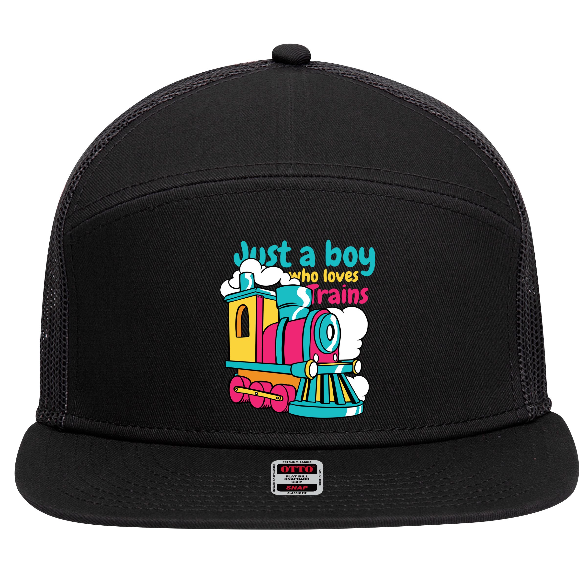 Just A Boy Who Loves Trains Cute 7 Panel Mesh Trucker Snapback Hat