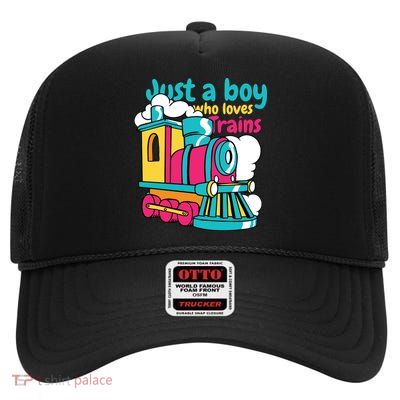Just A Boy Who Loves Trains Cute High Crown Mesh Back Trucker Hat