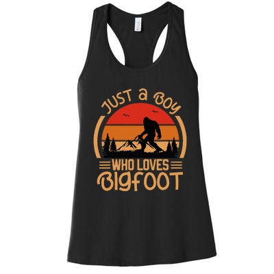 Just A Boy Who Loves Bigfoot Funny Sasquatch Women's Racerback Tank