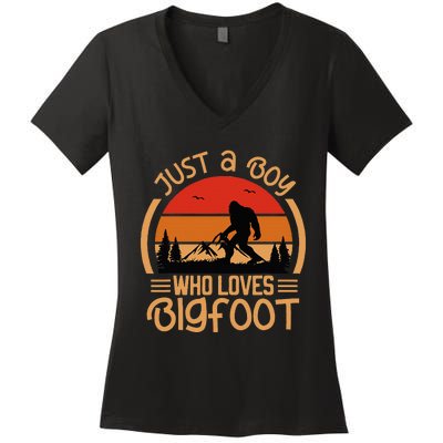 Just A Boy Who Loves Bigfoot Funny Sasquatch Women's V-Neck T-Shirt