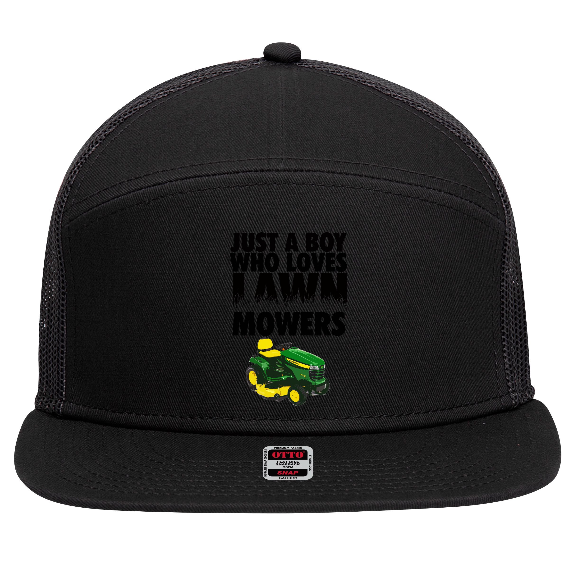 Just A Boy Who Loves Lawn Mowers 7 Panel Mesh Trucker Snapback Hat
