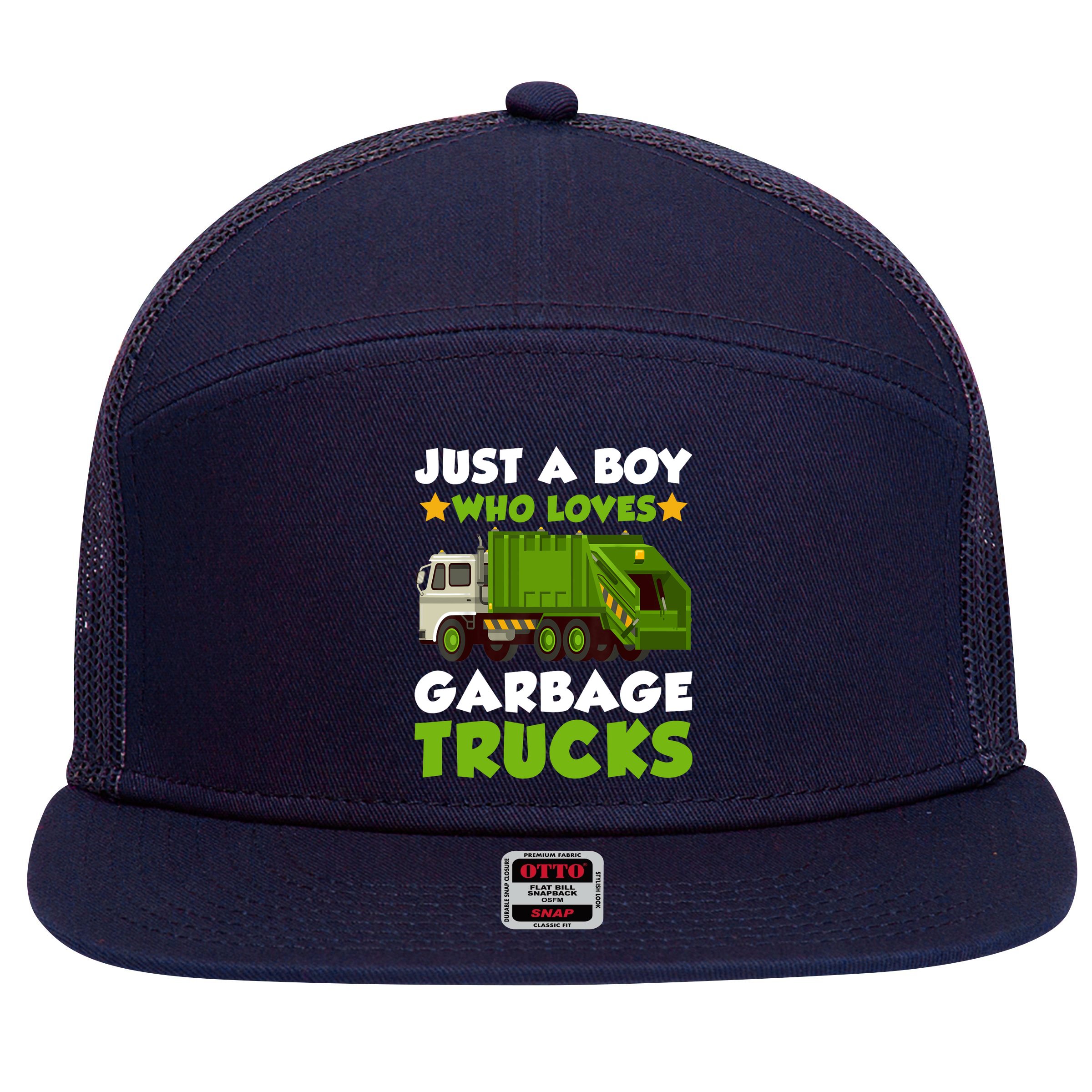 Just A Boy Who Loves Garbage Trucks Lover Trucker 7 Panel Mesh Trucker Snapback Hat