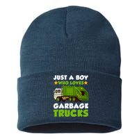 Just A Boy Who Loves Garbage Trucks Lover Trucker Sustainable Knit Beanie