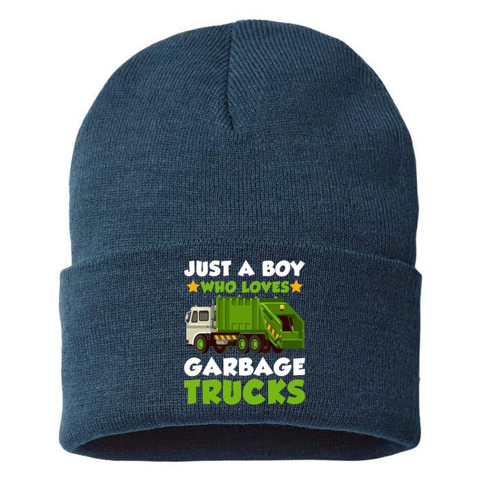 Just A Boy Who Loves Garbage Trucks Lover Trucker Sustainable Knit Beanie