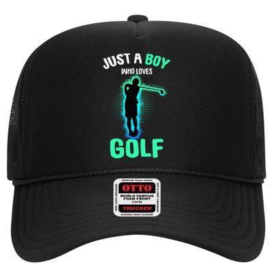 Just A Boy Who Loves Golf Club Golfer High Crown Mesh Back Trucker Hat