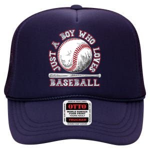 Just A Boy Who Loves Baseball High Crown Mesh Back Trucker Hat