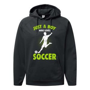 Just A Boy Who Loves Soccer Player Kids Performance Fleece Hoodie