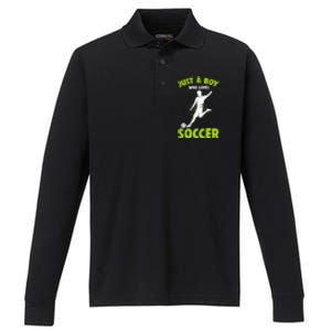 Just A Boy Who Loves Soccer Player Kids Performance Long Sleeve Polo