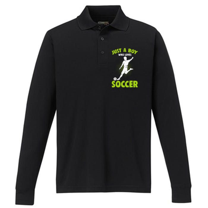 Just A Boy Who Loves Soccer Player Kids Performance Long Sleeve Polo