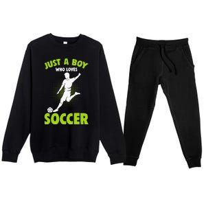 Just A Boy Who Loves Soccer Player Kids Premium Crewneck Sweatsuit Set