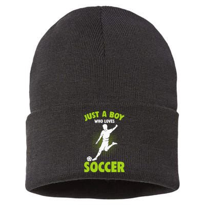 Just A Boy Who Loves Soccer Player Kids Sustainable Knit Beanie