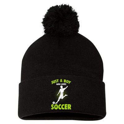 Just A Boy Who Loves Soccer Player Kids Pom Pom 12in Knit Beanie