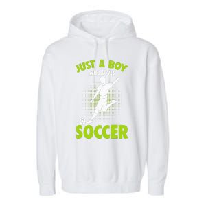 Just A Boy Who Loves Soccer Player Kids Garment-Dyed Fleece Hoodie