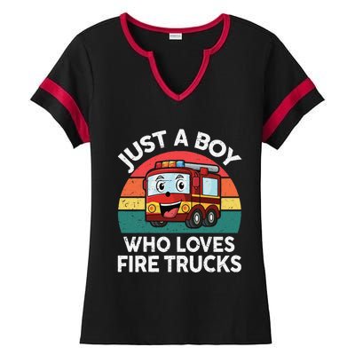 Just A Boy Who Loves Fire Trucks Firefighter Ladies Halftime Notch Neck Tee