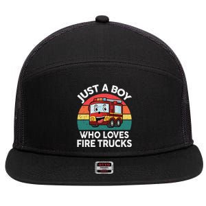 Just A Boy Who Loves Fire Trucks Firefighter 7 Panel Mesh Trucker Snapback Hat