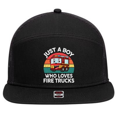 Just A Boy Who Loves Fire Trucks Firefighter 7 Panel Mesh Trucker Snapback Hat