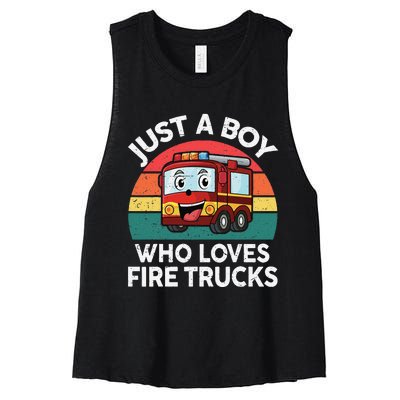 Just A Boy Who Loves Fire Trucks Firefighter Women's Racerback Cropped Tank