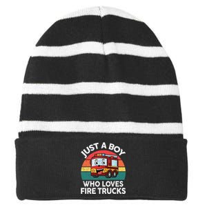 Just A Boy Who Loves Fire Trucks Firefighter Striped Beanie with Solid Band