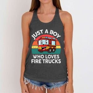 Just A Boy Who Loves Fire Trucks Firefighter Women's Knotted Racerback Tank