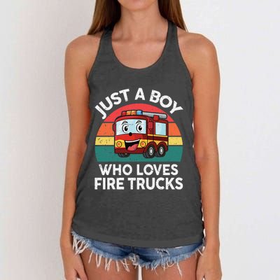 Just A Boy Who Loves Fire Trucks Firefighter Women's Knotted Racerback Tank