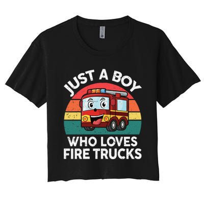 Just A Boy Who Loves Fire Trucks Firefighter Women's Crop Top Tee