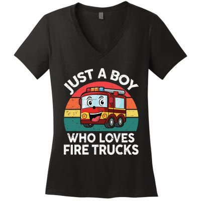 Just A Boy Who Loves Fire Trucks Firefighter Women's V-Neck T-Shirt