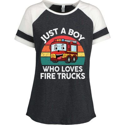 Just A Boy Who Loves Fire Trucks Firefighter Enza Ladies Jersey Colorblock Tee