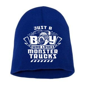 Just A Boy Who Loves Monster Trucks Monster Truck Driver Gift Short Acrylic Beanie