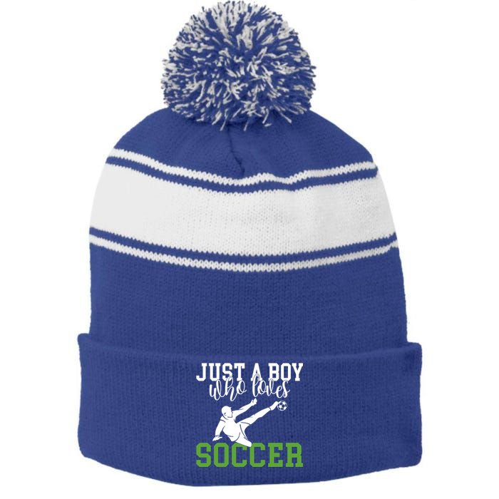 Just A Boy Who Loves Soccer Gift Stripe Pom Pom Beanie