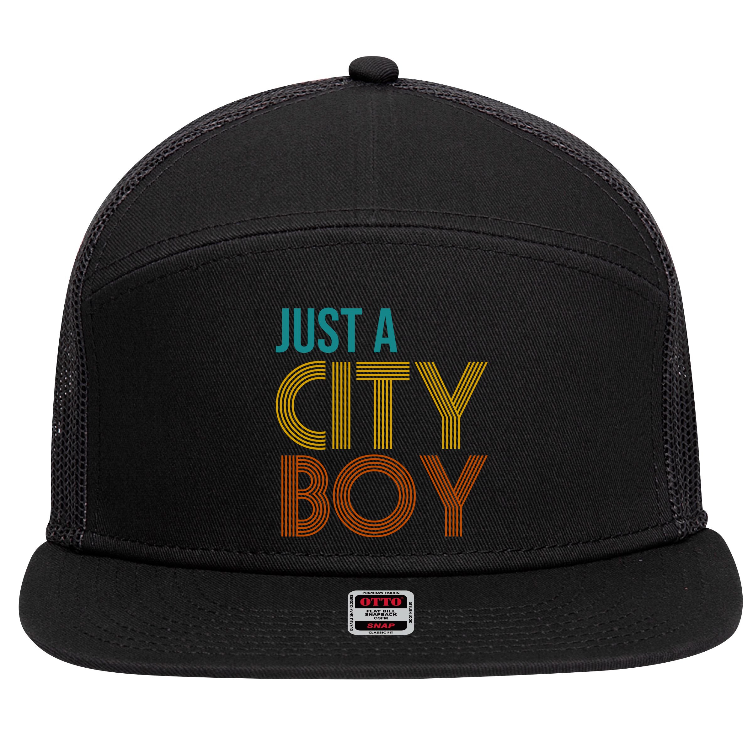 Just A City Boy Funny 7 Panel Mesh Trucker Snapback Hat