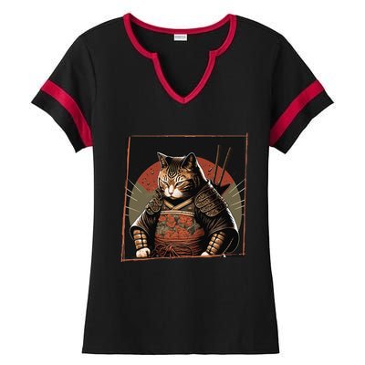 Japanese Art Cat Ninja Ukiyo-e Anime Style Samurai Cat Ladies Halftime Notch Neck Tee