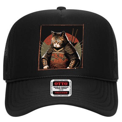 Japanese Art Cat Ninja Ukiyo-e Anime Style Samurai Cat High Crown Mesh Back Trucker Hat