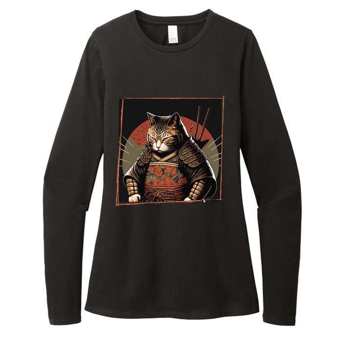 Japanese Art Cat Ninja Ukiyo-e Anime Style Samurai Cat Womens CVC Long Sleeve Shirt