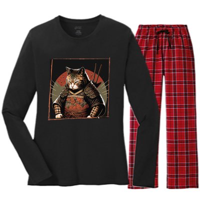 Japanese Art Cat Ninja Ukiyo-e Anime Style Samurai Cat Women's Long Sleeve Flannel Pajama Set 