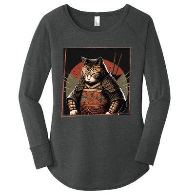 Japanese Art Cat Ninja Ukiyo-e Anime Style Samurai Cat Women's Perfect Tri Tunic Long Sleeve Shirt