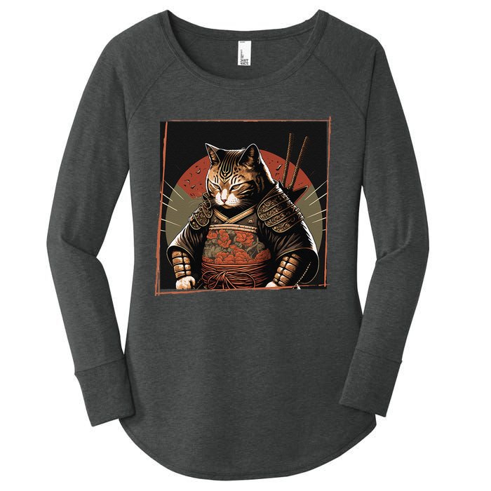 Japanese Art Cat Ninja Ukiyo-e Anime Style Samurai Cat Women's Perfect Tri Tunic Long Sleeve Shirt