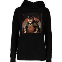 Japanese Art Cat Ninja Ukiyo-e Anime Style Samurai Cat Womens Funnel Neck Pullover Hood