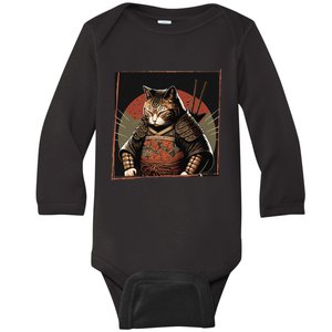 Japanese Art Cat Ninja Ukiyo-e Anime Style Samurai Cat Baby Long Sleeve Bodysuit