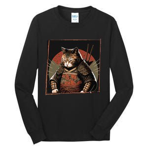 Japanese Art Cat Ninja Ukiyo-e Anime Style Samurai Cat Tall Long Sleeve T-Shirt