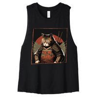 Japanese Art Cat Ninja Ukiyo-e Anime Style Samurai Cat Women's Racerback Cropped Tank