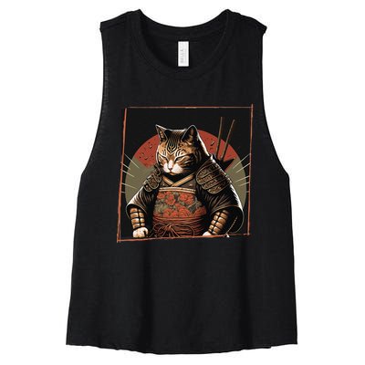 Japanese Art Cat Ninja Ukiyo-e Anime Style Samurai Cat Women's Racerback Cropped Tank