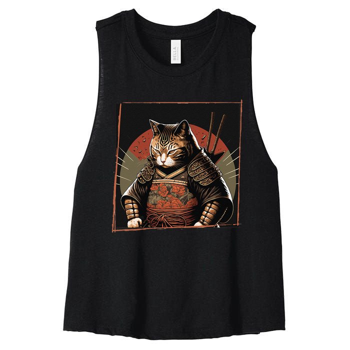 Japanese Art Cat Ninja Ukiyo-e Anime Style Samurai Cat Women's Racerback Cropped Tank