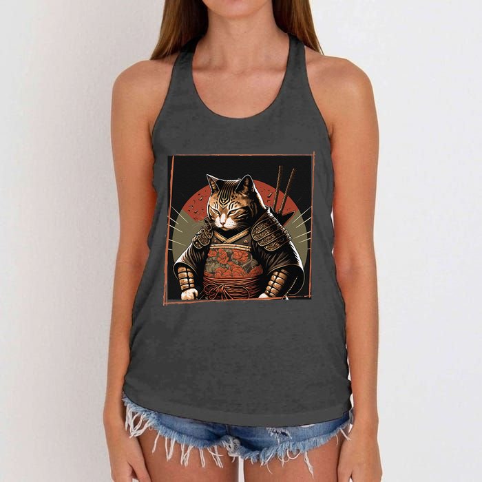 Japanese Art Cat Ninja Ukiyo-e Anime Style Samurai Cat Women's Knotted Racerback Tank