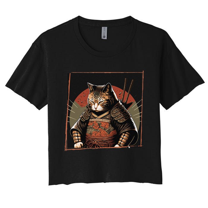 Japanese Art Cat Ninja Ukiyo-e Anime Style Samurai Cat Women's Crop Top Tee