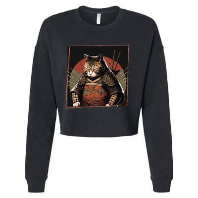 Japanese Art Cat Ninja Ukiyo-e Anime Style Samurai Cat Cropped Pullover Crew