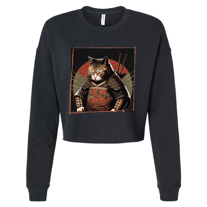 Japanese Art Cat Ninja Ukiyo-e Anime Style Samurai Cat Cropped Pullover Crew