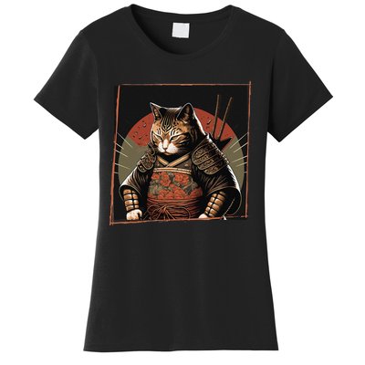 Japanese Art Cat Ninja Ukiyo-e Anime Style Samurai Cat Women's T-Shirt