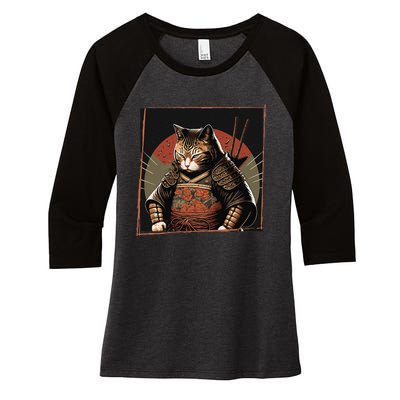 Japanese Art Cat Ninja Ukiyo-e Anime Style Samurai Cat Women's Tri-Blend 3/4-Sleeve Raglan Shirt