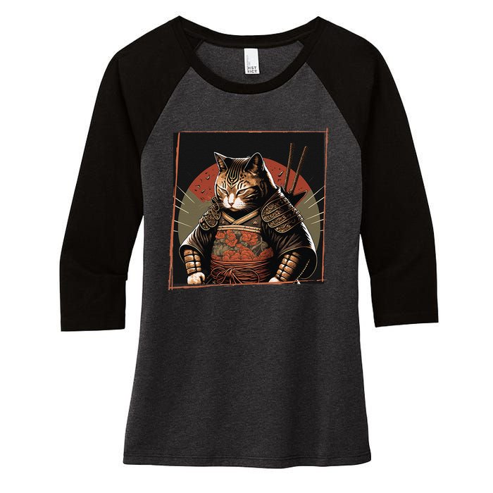 Japanese Art Cat Ninja Ukiyo-e Anime Style Samurai Cat Women's Tri-Blend 3/4-Sleeve Raglan Shirt